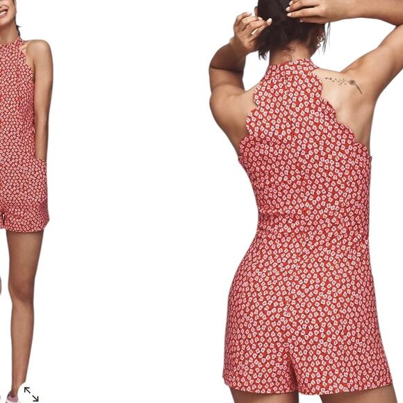 by Anthropologie Scallop Halter Short Romper High Neck in Pink Floral Sz 8 US - Picture 2 of 15